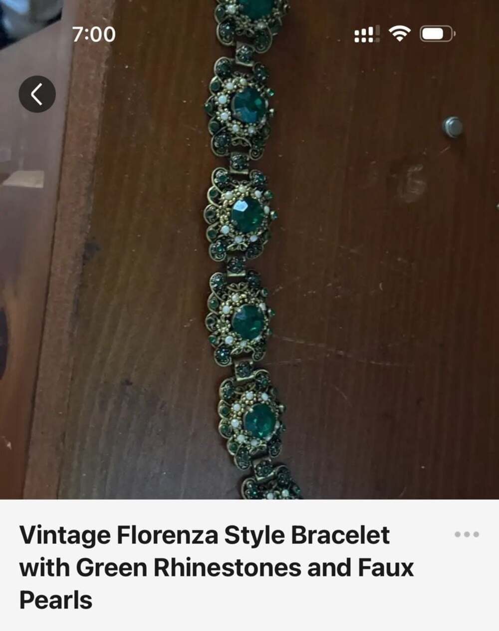 Vintage Florenza Victorian Link Bracelet with Green Rhinestones and Faux Pearls - Picture 2 of 2